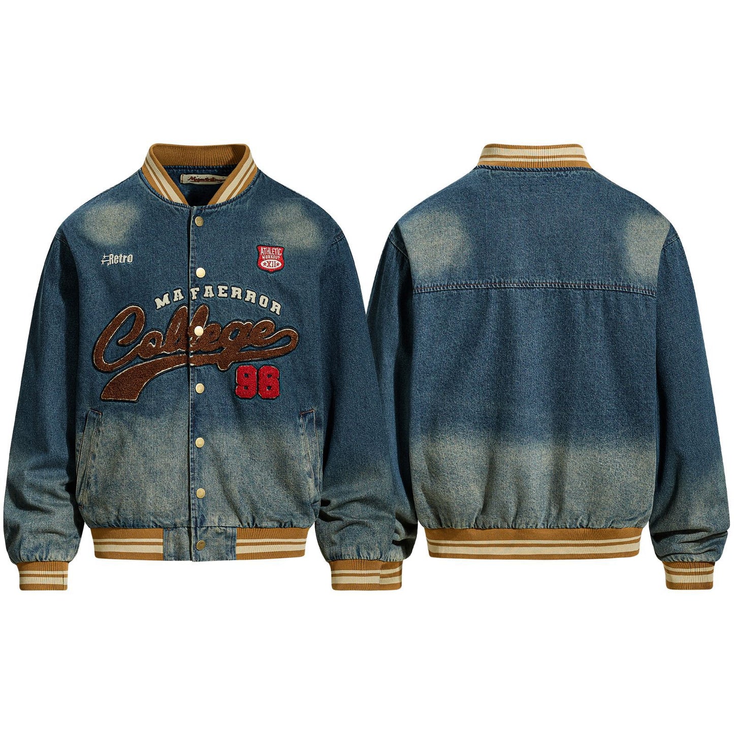 Vintage Washed Letter Embroidery Baseball Jacket for Men and Women - Casual Denim Jacket