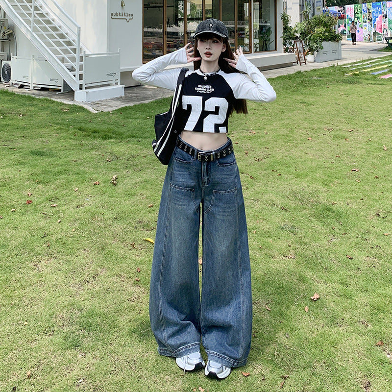 High-Waist Loose Fit Slimming Versatile Washed Floor-Length Wide-Leg Jeans for Women