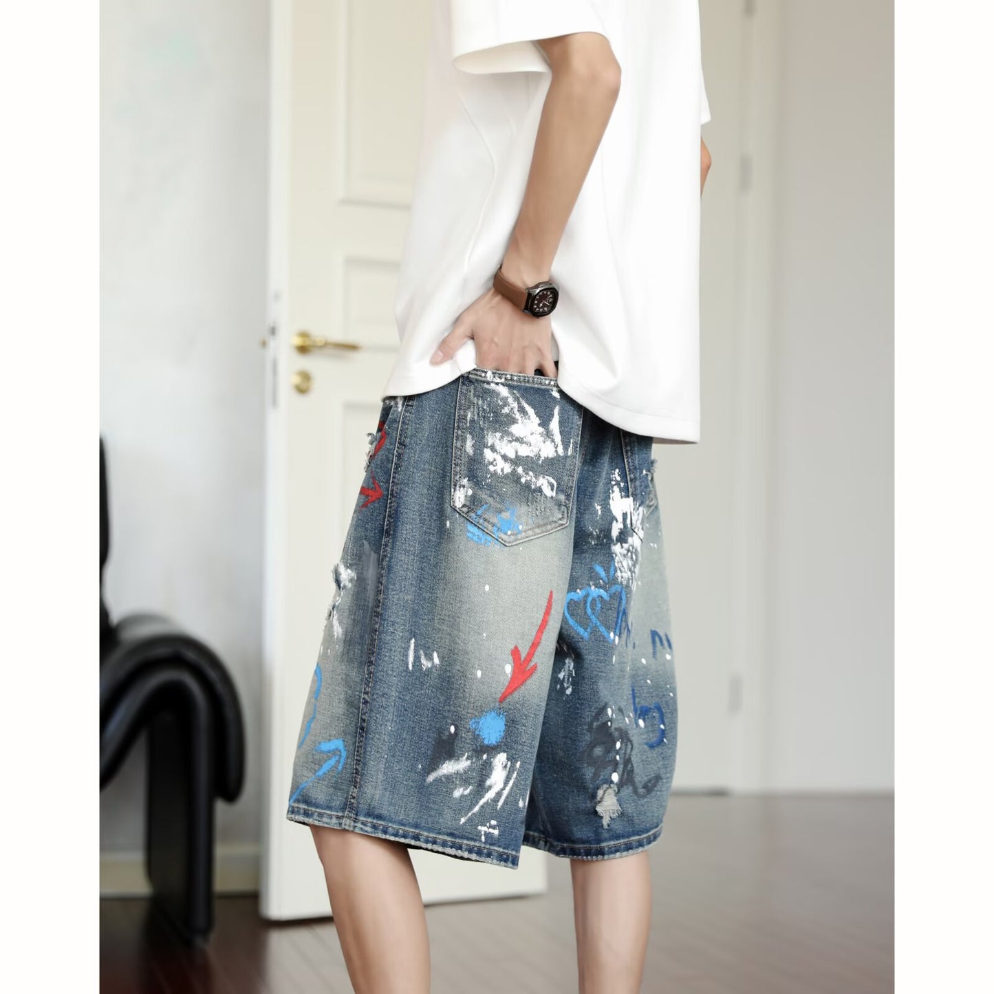 Graffiti Printed Denim Cropped Pants - Summer Loose Casual Mid Length