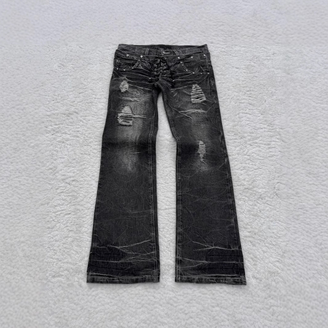 Gothic Style Flared Jeans -  Distressed Denim Trousers