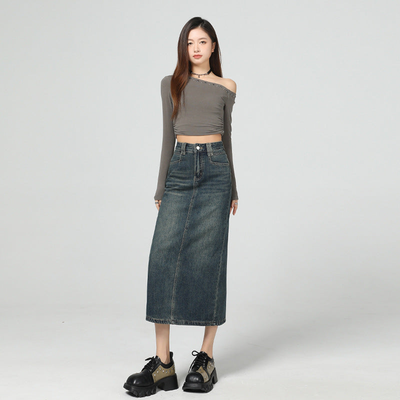 Women's Vintage Blue Slimming Denim Skirt with Slit Design
