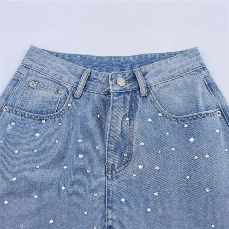 Elastic Waist Loose Vintage Denim Pants with Rhinestone Decoration