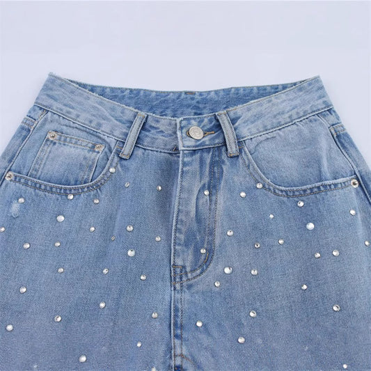 Elastic Waist Loose Vintage Denim Pants with Rhinestone Decoration