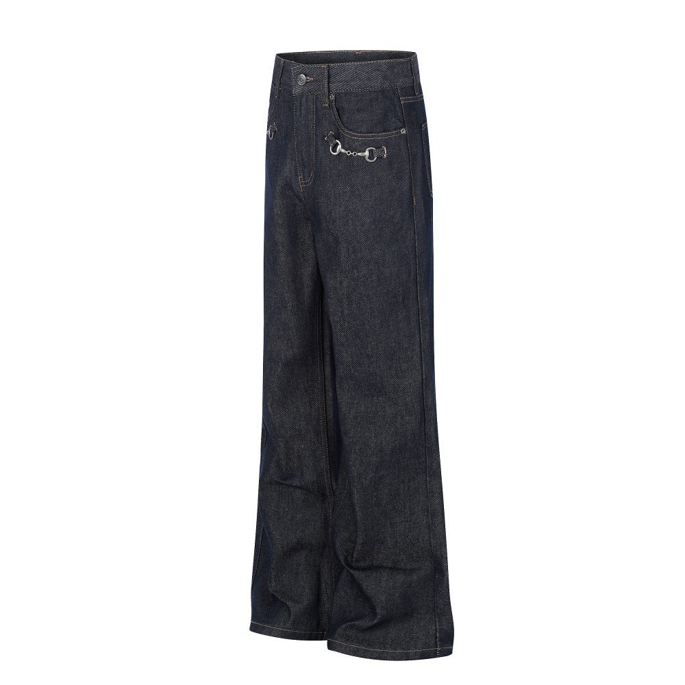 Black Cotton Denim Straight Leg Pants — Mid Rise, Zipper Fly, Street Style