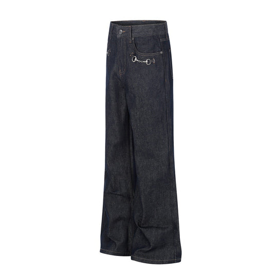 Black Cotton Denim Straight Leg Pants — Mid Rise, Zipper Fly, Street Style