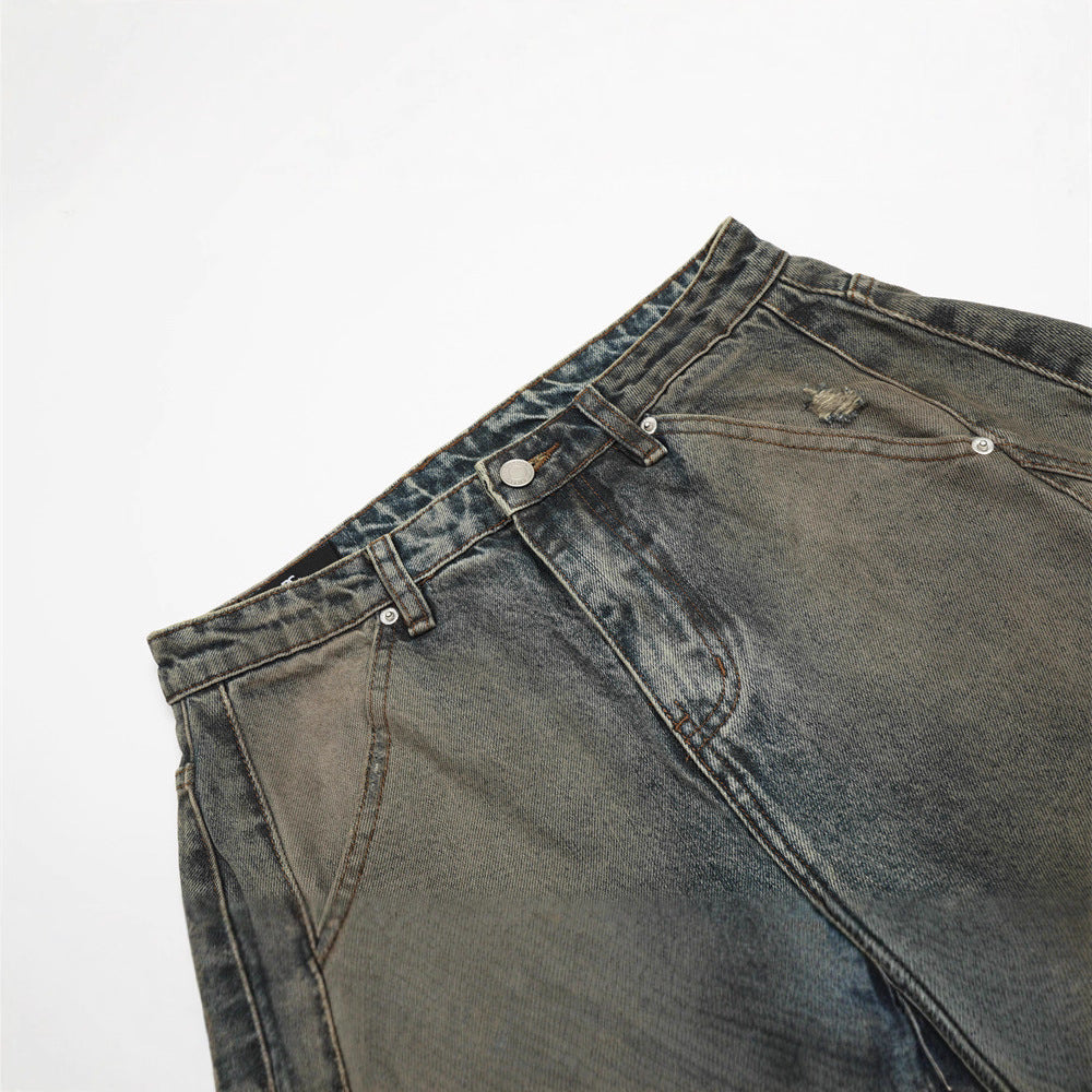 Men's Denim Jeans, Post-Apocalyptic Style Distressed Ripped Dagger Cut-Offs, Loose Fit Men's Pants