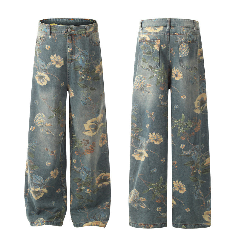 Unisex Floral Print Denim Pants with Unique Design - Straight Loose Wide Leg