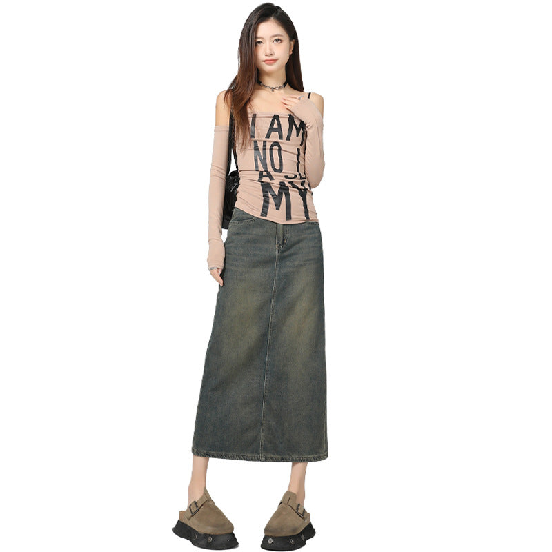 Women's Vintage Blue Slimming Denim Skirt with Slit Design