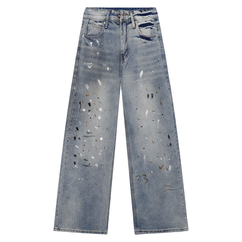 Loose Straight Leg Jeans with Hand-Painted Wide Leg Design