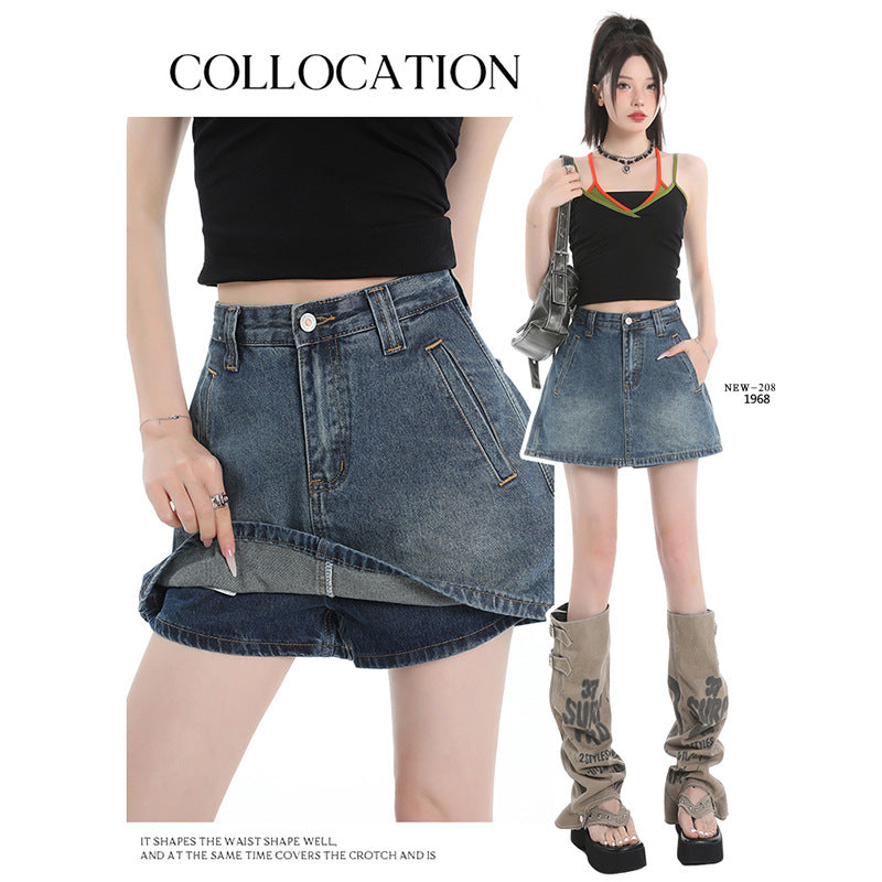 Design Sense Retro Blue Wide-Leg Denim Shorts for Women - A-Line High-Waist Skirt Pants
