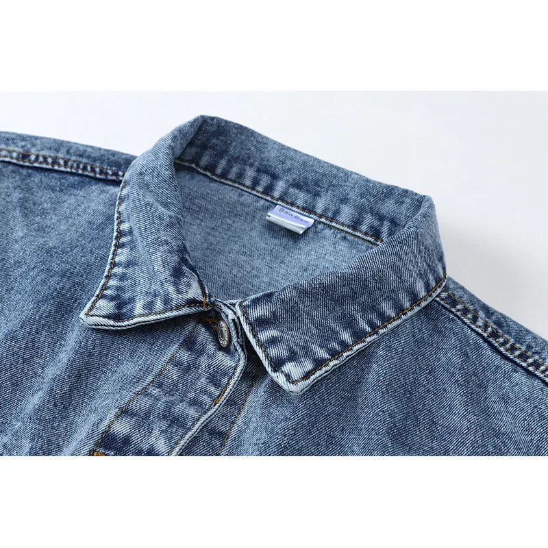 Women's Light Blue Denim Jacket with Frayed Details and Patchwork Design