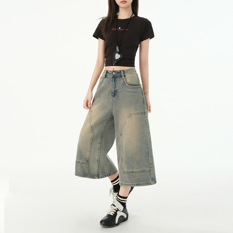 High-Waisted Women's Denim Pants - Vintage Loose Wide-Leg Cropped Style