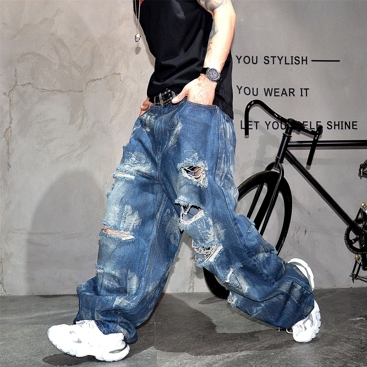 Retro Distressed Heavy-Duty Wide Leg Loose Jeans
