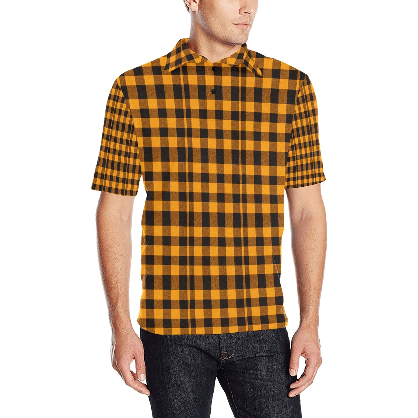Goldenrod and Black Checkered Pattern Men's All Over Print Polo Shirt
