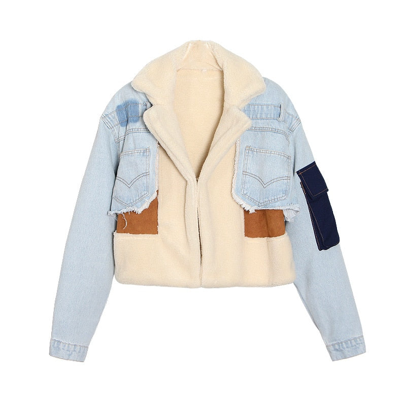 Thickened Denim Lamb Cotton Jacket for Women