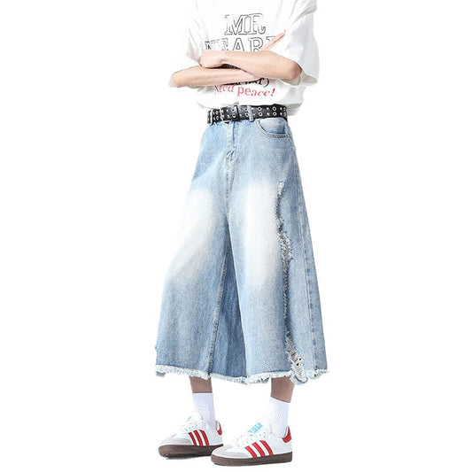 Light Blue Washed Ripped Denim Seven-Inch Loose Pants