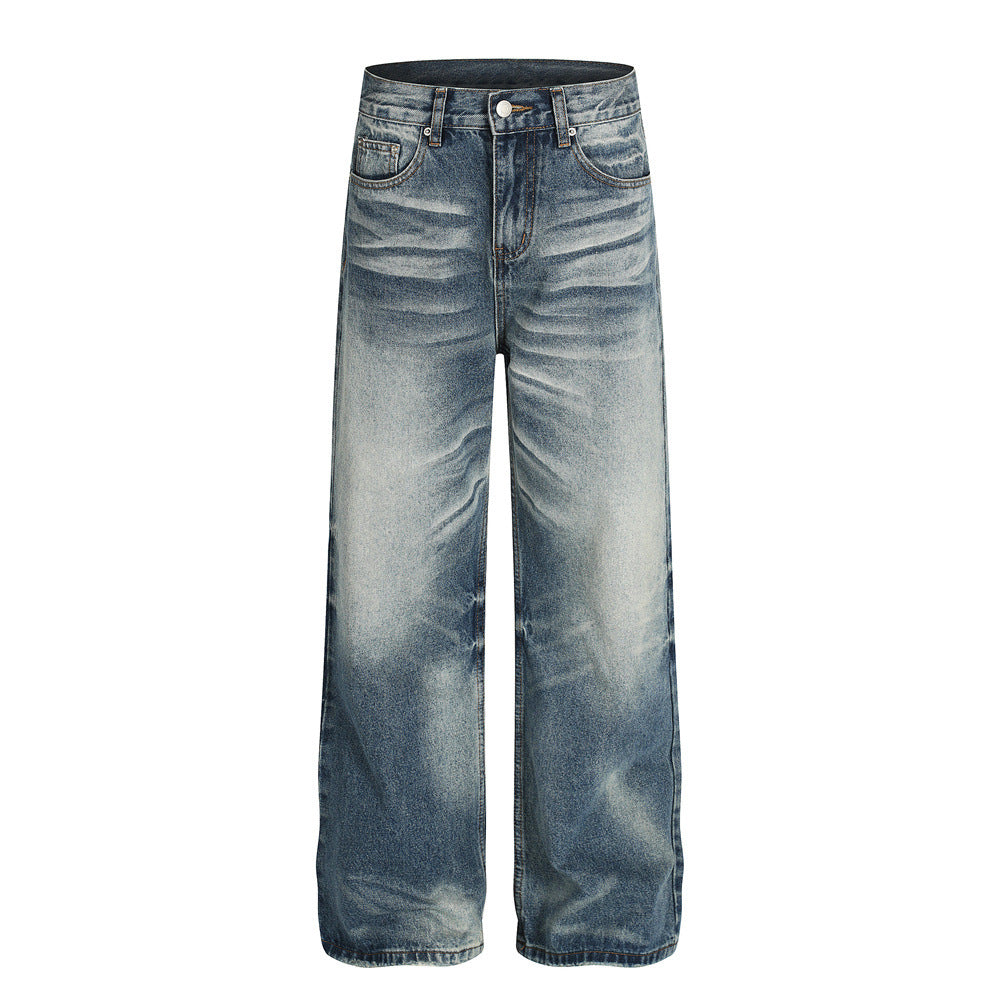 Vintage Men's Denim Jeans, Dye-Washed Faded Catwhisker Streetwear Style, Loose Fit, Versatile Casual Pants