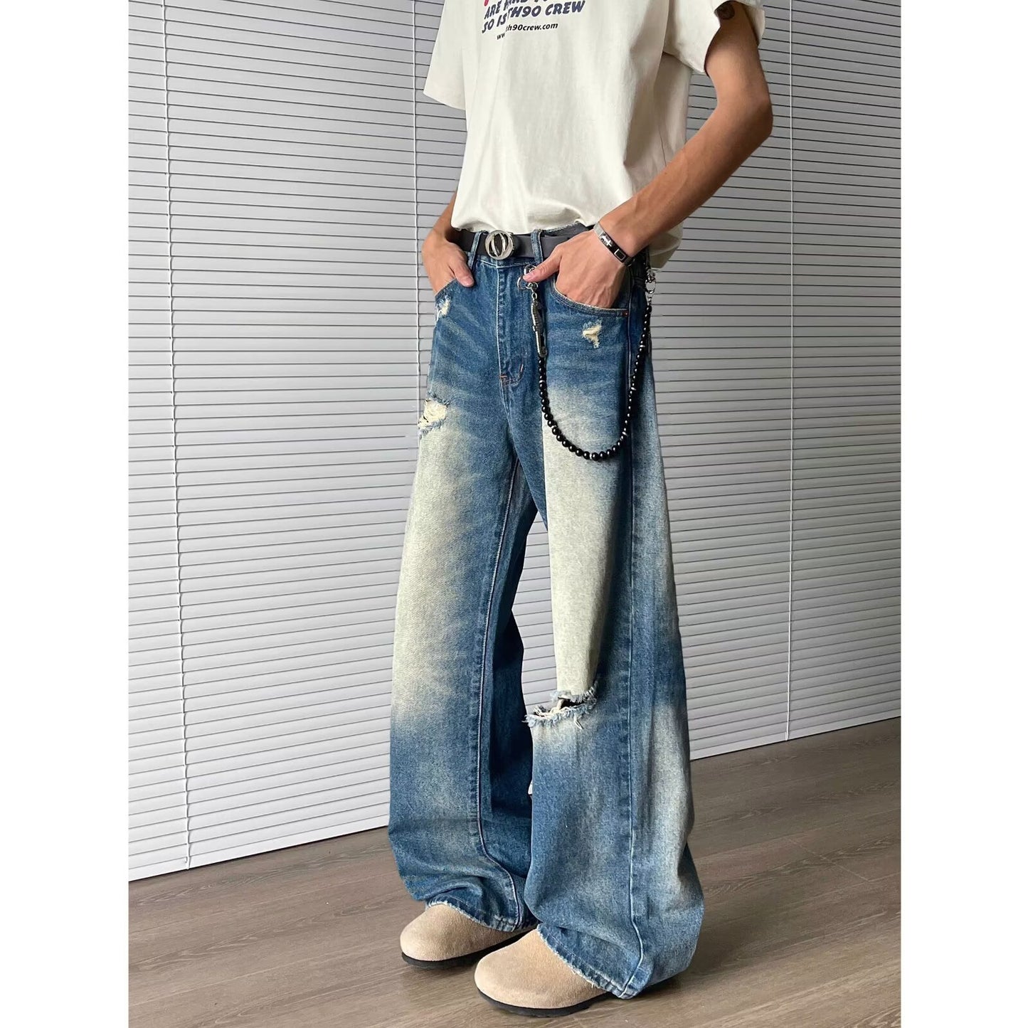 Ripped and Washed Denim Straight Leg Pants