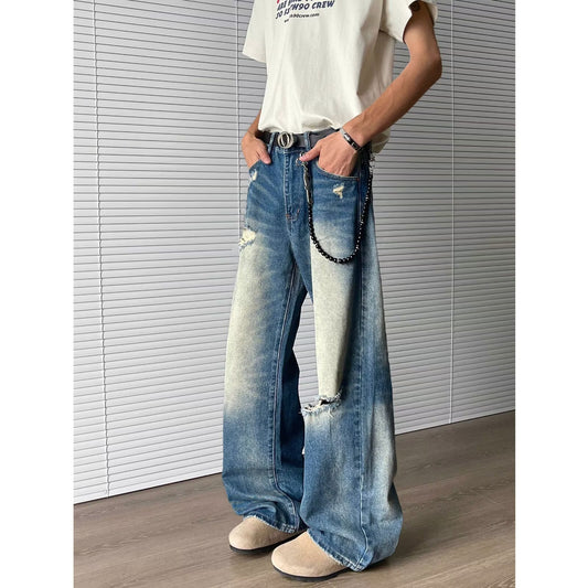 Ripped and Washed Denim Straight Leg Pants