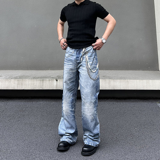 Chain Pendant Printed Jeans for Men - Summer Loose Straight Leg Wide Leg Pants