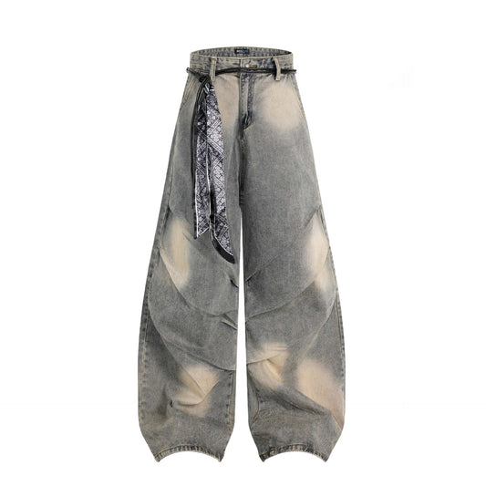 Vintage Distressed Tie-Dye Pleated Denim Pants Unisex Wide-Leg Trousers