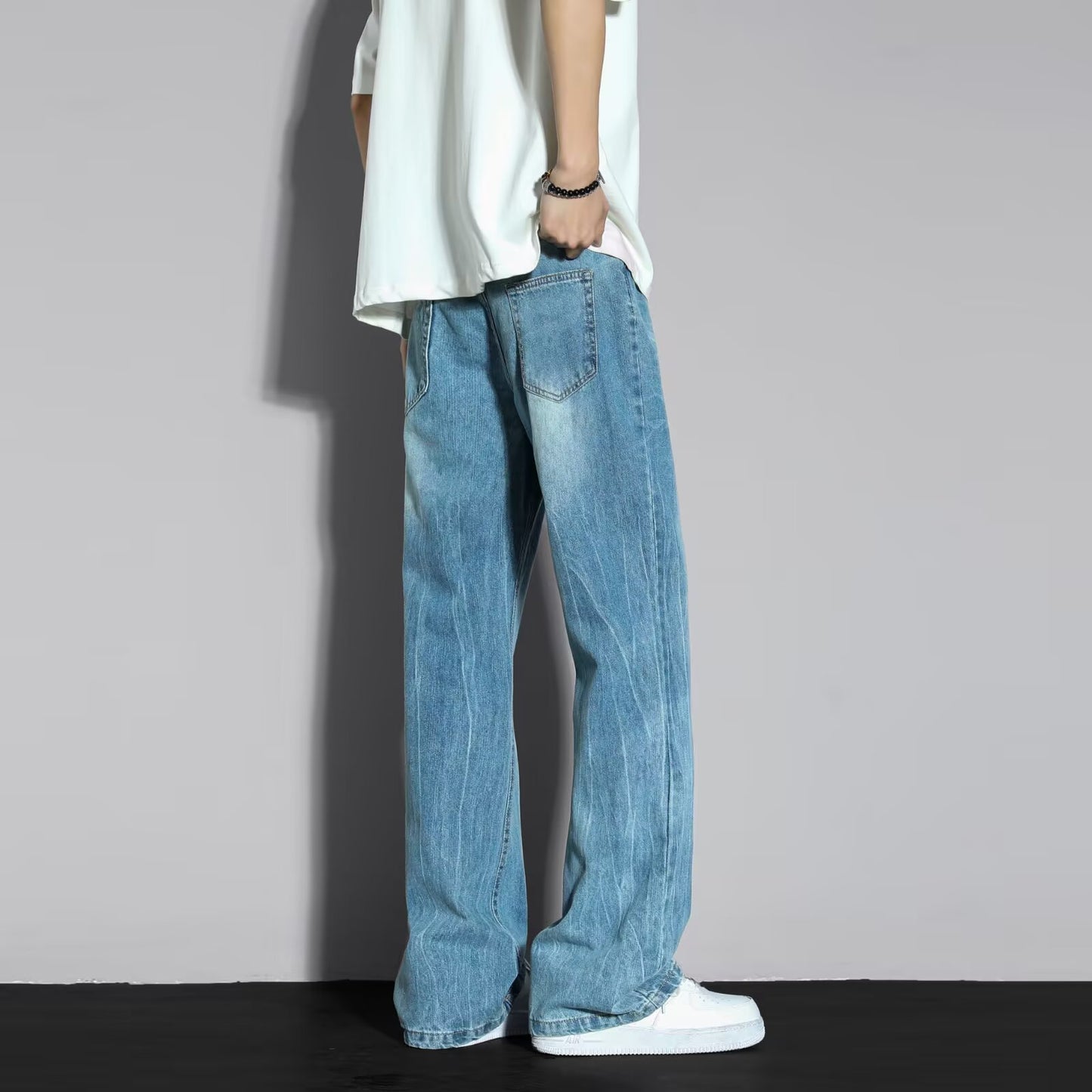 Men's Casual Straight Loose Wide Leg Pants - Blue Denim