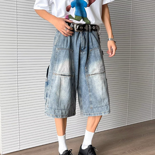 Stylish Multi Pocket Wide Leg Cropped Pants in Washed Blue Denim