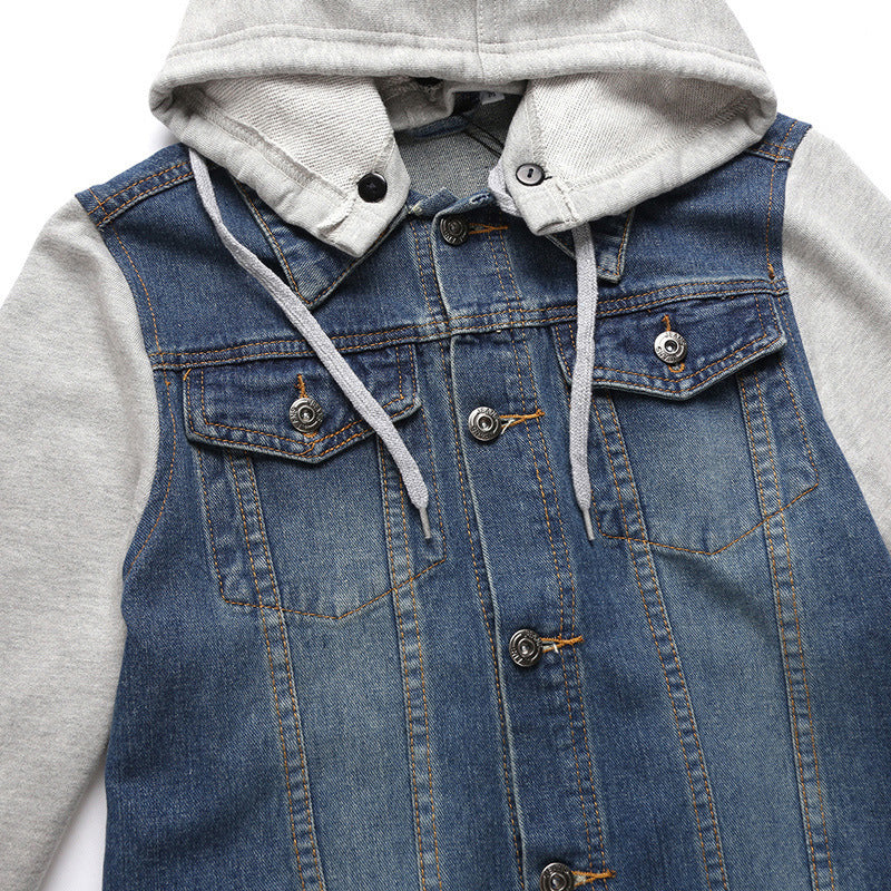Casual Men's  Style Denim Jacket with Detachable Hood and Patchwork Design