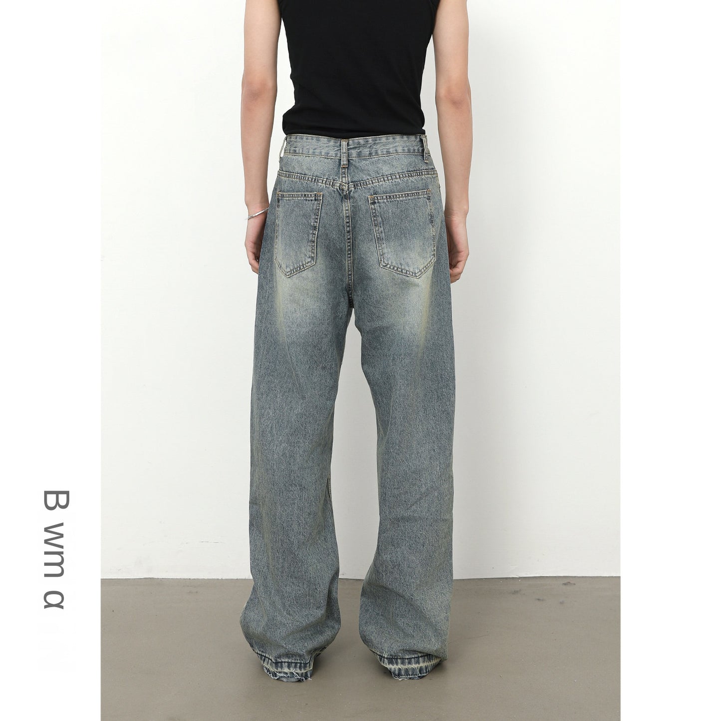 Denim Frayed Hem Washed Wide-Leg Jeans - Men's Retro Loose Straight Fit Trousers