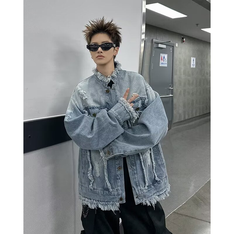 Washed Denim Jacket with Tassel and Frayed Edges