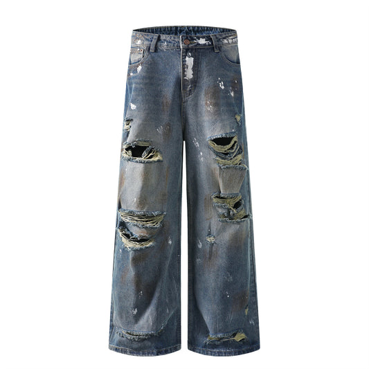 Mud Stained Denim Jeans with Holes - Trendy Blue Pants