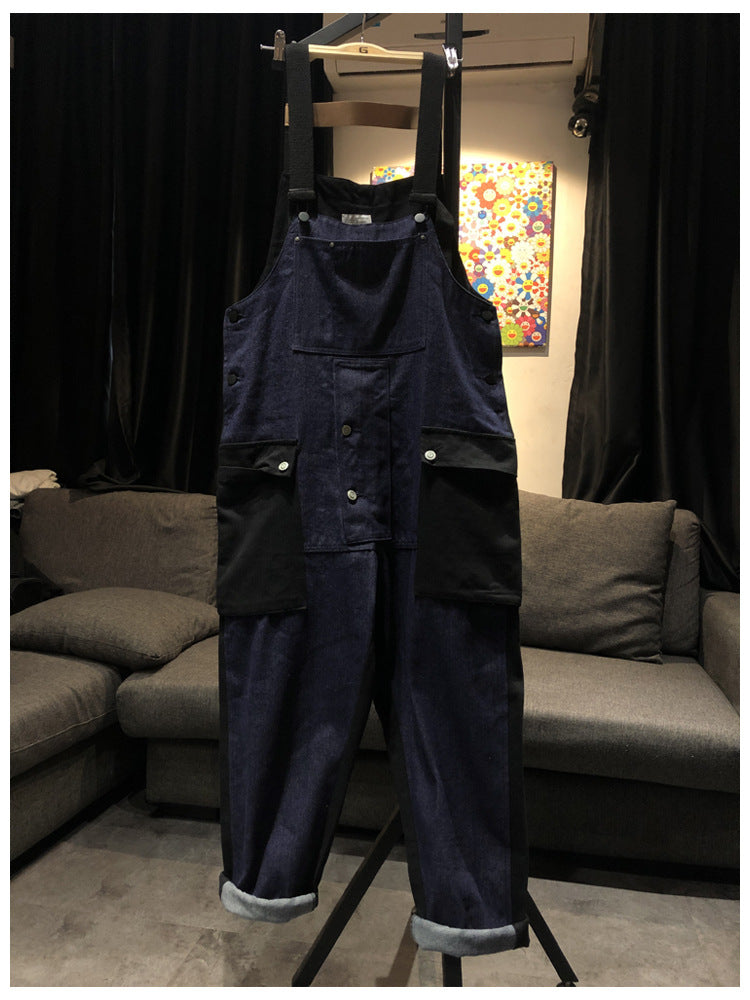 Men's Color Block Work Overalls with Multi-Pocket Suspenders