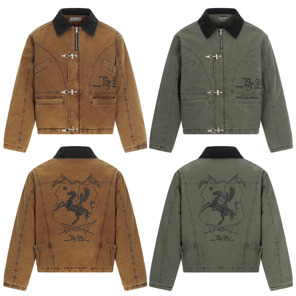 Men's Streetwear Cotton Coat, Turn-Down Collar, Distressed Patchwork Design