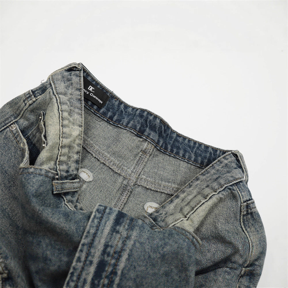 Men's Jeans with Bleached Lightning Pattern, Wide Leg, Casual Loose Fit