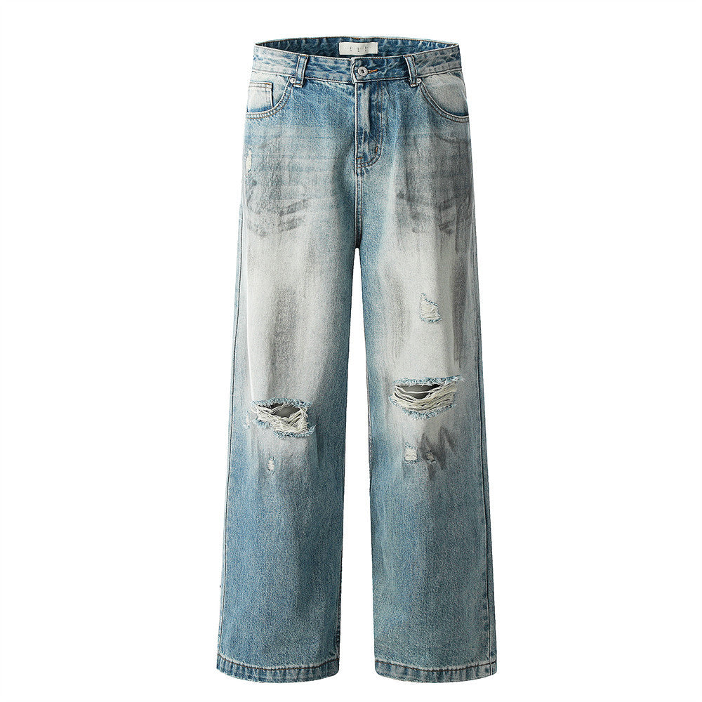 Men's Vintage Distressed Denim Pants with Double Pockets