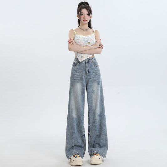 Women's Washed High-Waist Wide-Leg Jeans - Summer Loose Slimming Drape Trousers