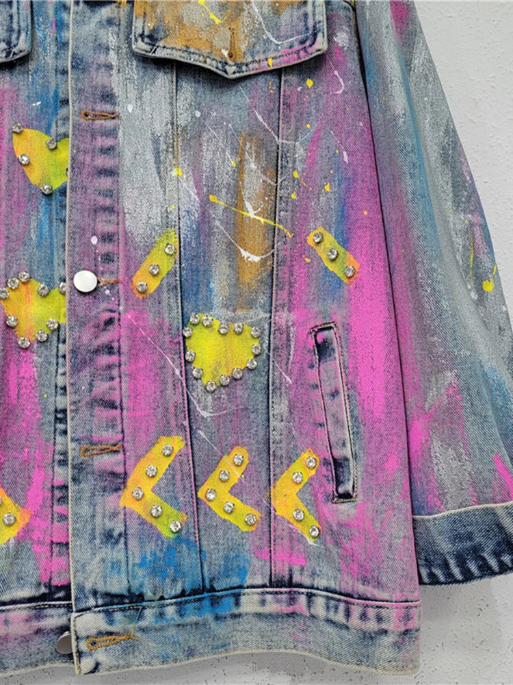 Women's Colorful Heart-Shaped Graffiti Denim Coat with Diamond Details