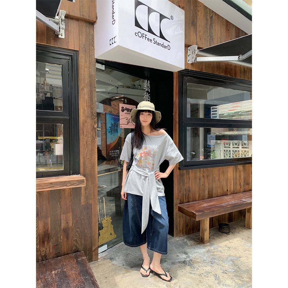 Summer Split Design High-Waist Denim Shorts for Women - Loose Retro Wide-Leg Pants