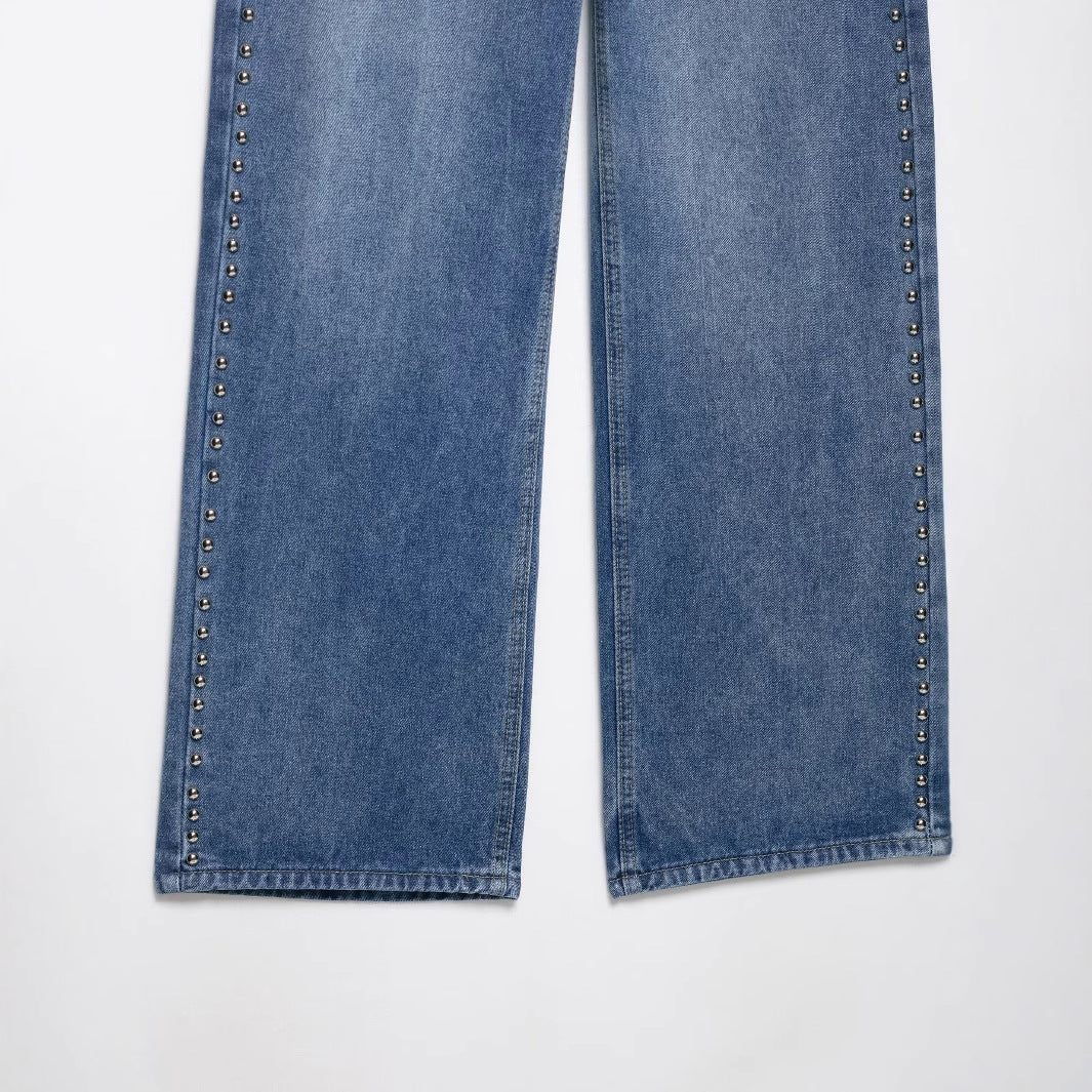 Casual Vintage Mid High Waisted Denim Wide Leg Pants for Women