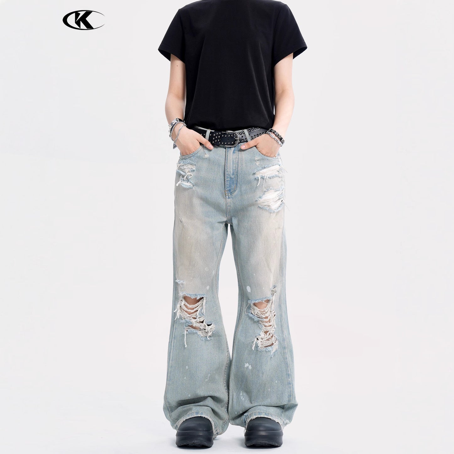 Water-Washed Loose Fringe Slim Fit Casual Long Trousers