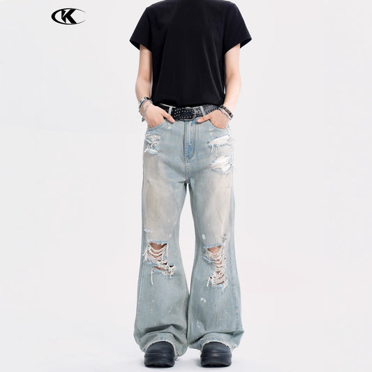 Water-Washed Loose Fringe Slim Fit Casual Long Trousers