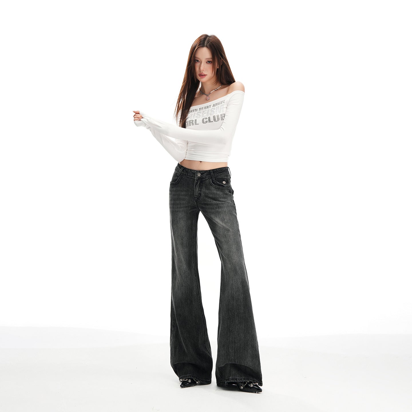 Women's Black and Gray Low Waist Flared Denim Pants