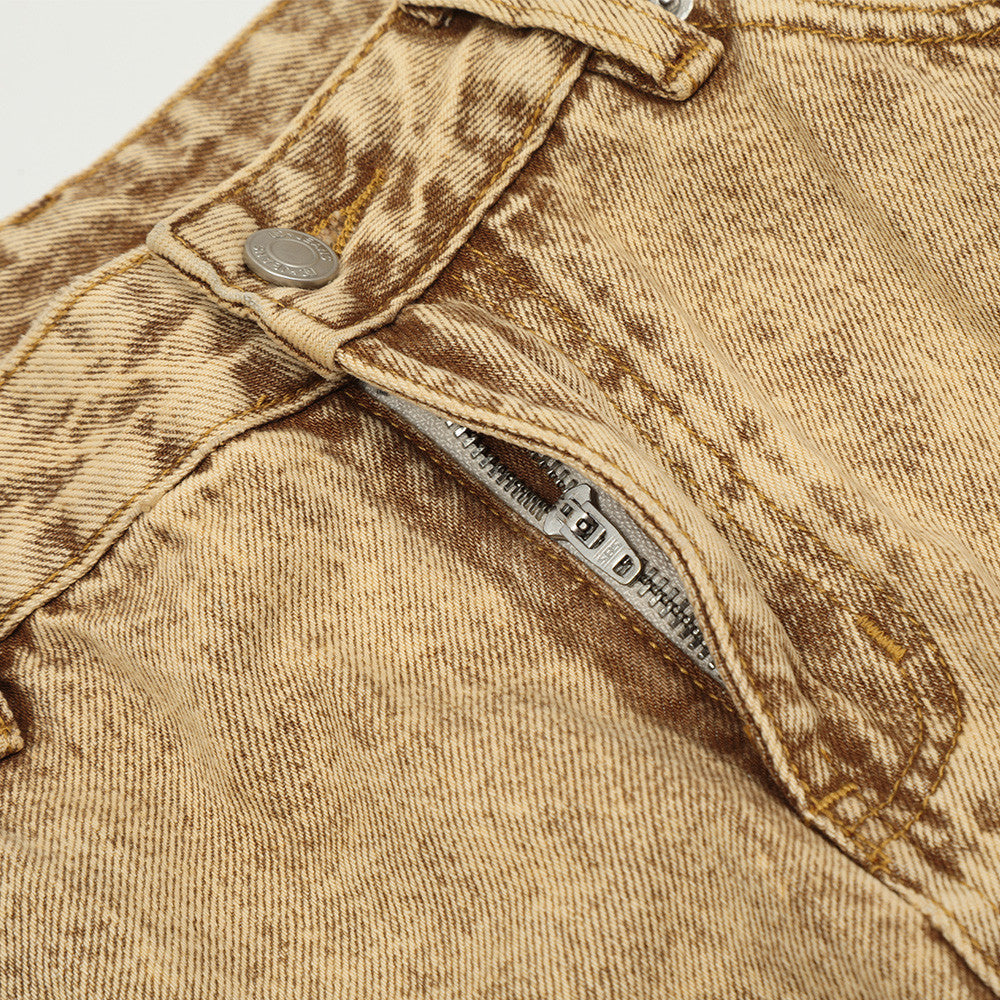 Men Heavy Industry Laundry Vintage Prewashed Yellow Jeans Straight Leg