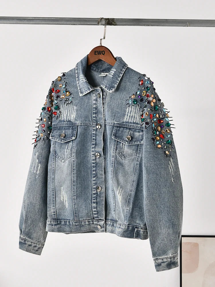 Long Sleeve Colorful Rivet Denim Jacket - Vintage Outwear