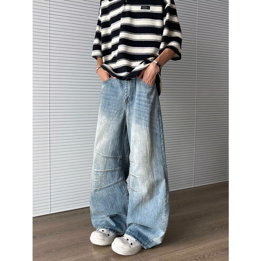 Bamboo Patterned Curved Knife Denim Loose Wide Leg Pants