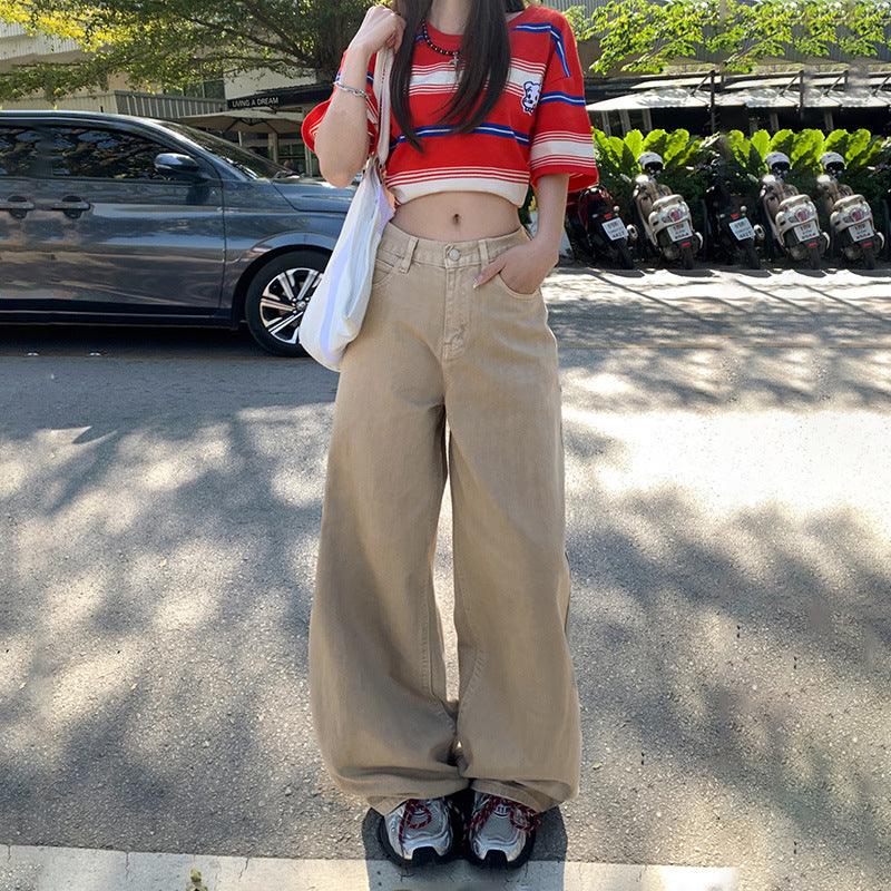 Khaki Denim Pants for Women - Loose Fit, High Waist, Straight Leg, Wide Leg Trousers