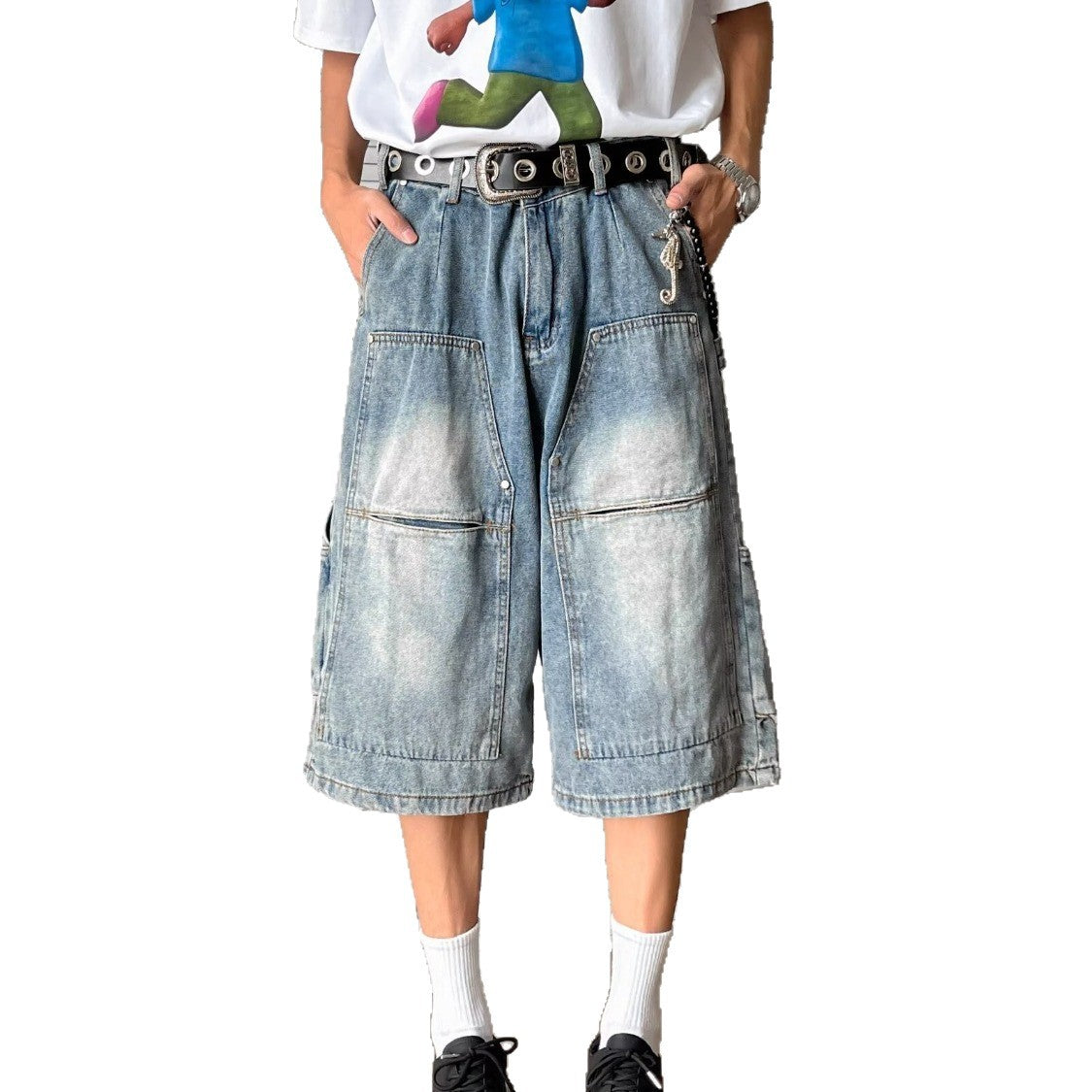 Stylish Multi Pocket Wide Leg Cropped Pants in Washed Blue Denim