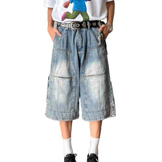 Stylish Multi Pocket Wide Leg Cropped Pants in Washed Blue Denim