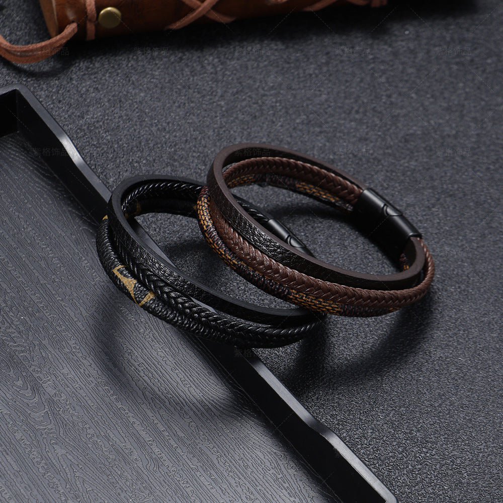 Leather Bracelet Multi-Layer Hand-Woven - Magnetic Buckle
