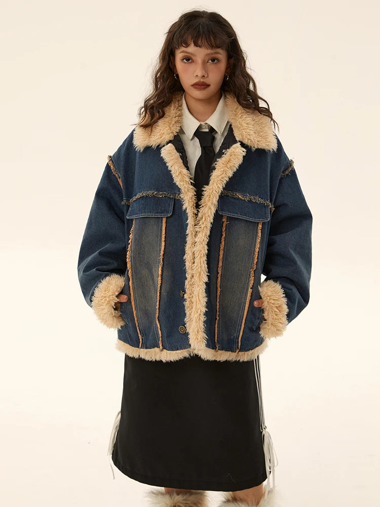 Women's Denim Coat with Fur Lapel - Single Breasted